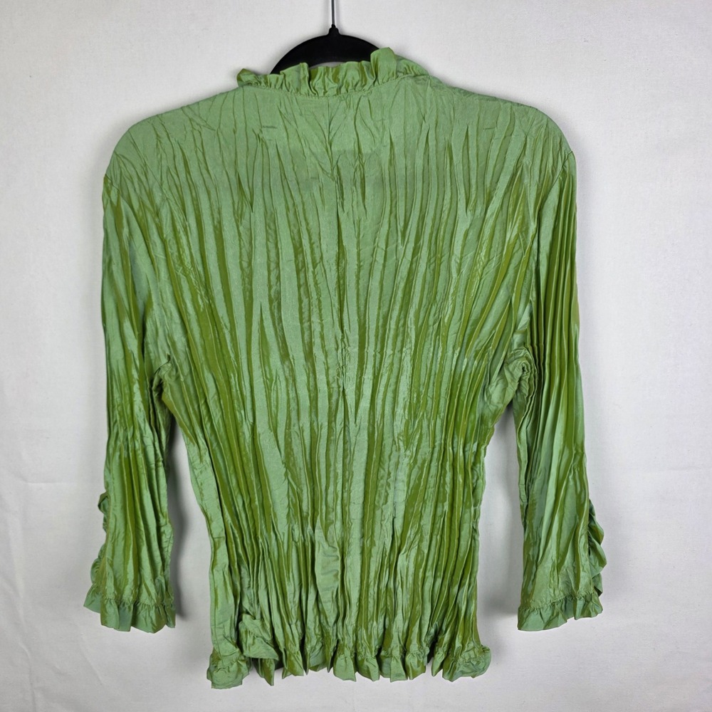 Jaipur Y2K Iridescent Womens Green Crinkle Ruffle Blouse Crystal Button‎ Top L - Picture 2 of 6